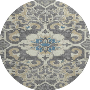 HomeRoots 8' X 10' Washable Beige Charcoal Blue Floral Medallion Area Rug with UV Protection for Busy Homes 709058