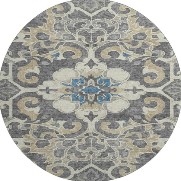 HomeRoots 8' X 10' Washable Beige Charcoal Blue Floral Medallion Area Rug with UV Protection for Busy Homes 709058