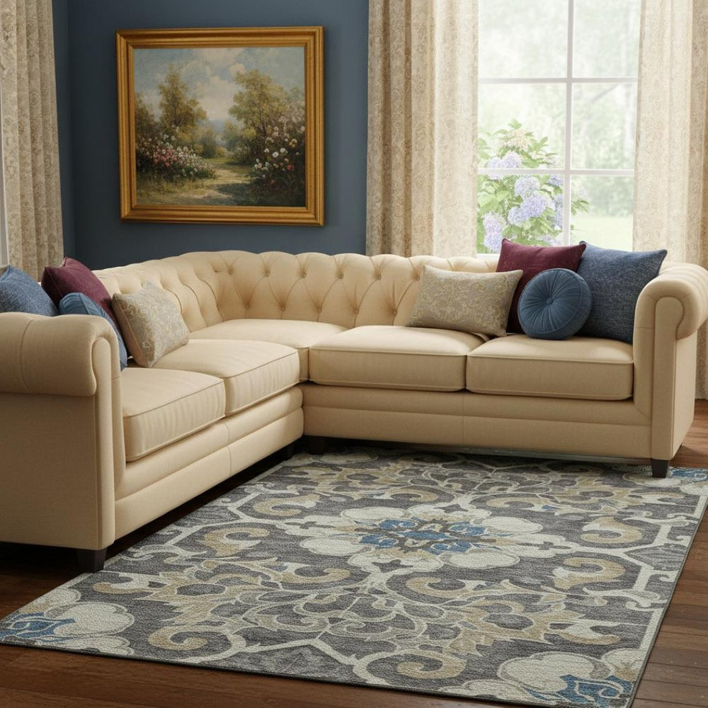 HomeRoots 9' X 12' Beige Charcoal Floral Medallion Washable Area Rug with UV Protection for Busy Homes 709059