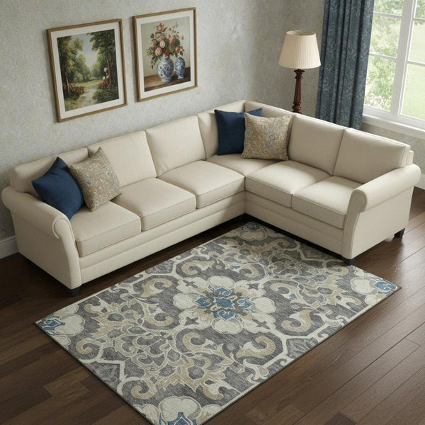 HomeRoots 10' X 14' Beige Charcoal Floral Area Rug - Washable, Stain Resistant, UV Protected, Ideal for Homes 709060