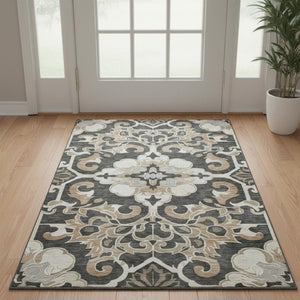 HomeRoots 5' X 8' Charcoal Taupe Floral Medallion Area Rug - Washable, Stain-Resistant, UV Protected Design 709062