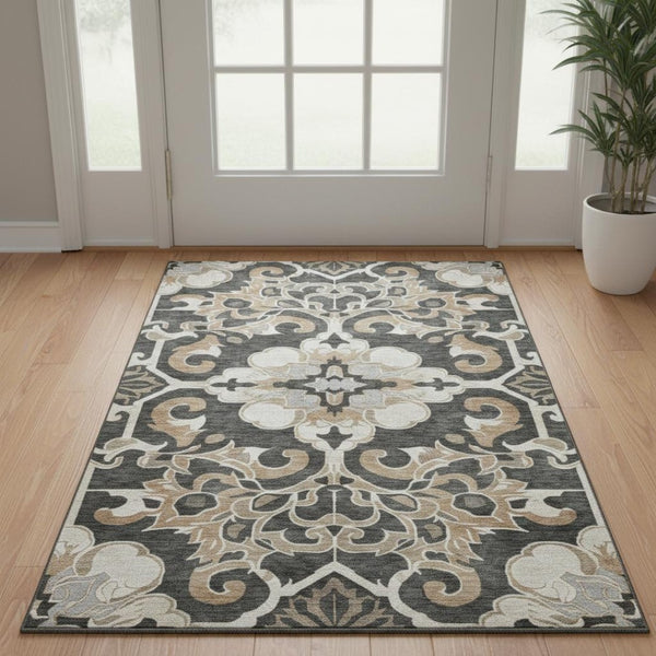HomeRoots 5' X 8' Charcoal Taupe Floral Medallion Area Rug - Washable, Stain-Resistant, UV Protected Design 709062