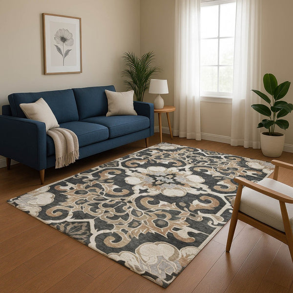 HomeRoots 5' X 8' Charcoal Taupe Floral Medallion Area Rug - Washable, Stain-Resistant, UV Protected Design 709062