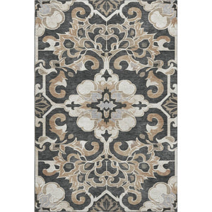 HomeRoots 5' X 8' Charcoal Taupe Floral Medallion Area Rug - Washable, Stain-Resistant, UV Protected Design 709062