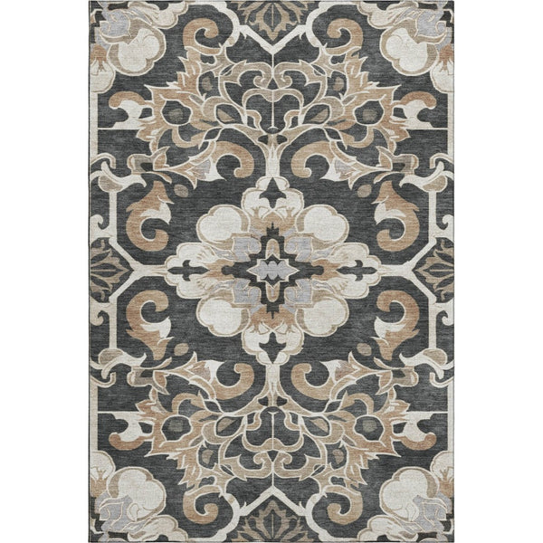 HomeRoots 5' X 8' Charcoal Taupe Floral Medallion Area Rug - Washable, Stain-Resistant, UV Protected Design 709062