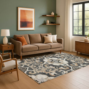 HomeRoots 5' X 8' Charcoal Taupe Floral Medallion Area Rug - Washable, Stain-Resistant, UV Protected Design 709062