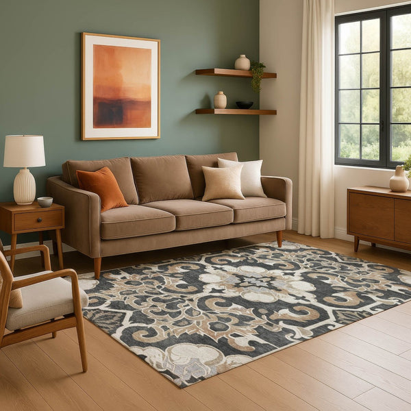 HomeRoots 5' X 8' Charcoal Taupe Floral Medallion Area Rug - Washable, Stain-Resistant, UV Protected Design 709062