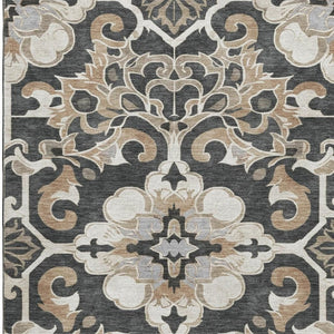 HomeRoots 5' X 8' Charcoal Taupe Floral Medallion Area Rug - Washable, Stain-Resistant, UV Protected Design 709062