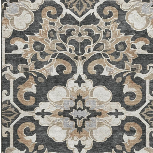 HomeRoots 5' X 8' Charcoal Taupe Floral Medallion Area Rug - Washable, Stain-Resistant, UV Protected Design 709062
