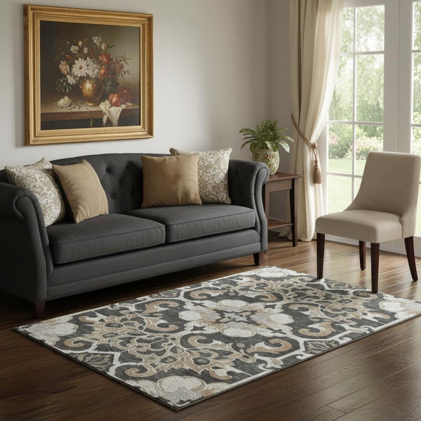 HomeRoots 8' Floral Medallion Washable Round Rug in Charcoal, Taupe & Ivory - Durable, UV-Protected & Stylish 709063