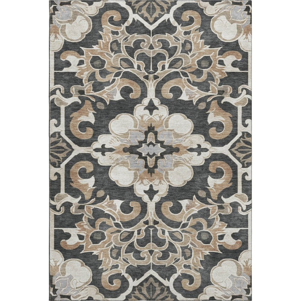 HomeRoots 8' Floral Medallion Washable Round Rug in Charcoal, Taupe & Ivory - Durable, UV-Protected & Stylish 709063