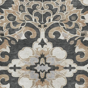 HomeRoots 8' Floral Medallion Washable Round Rug in Charcoal, Taupe & Ivory - Durable, UV-Protected & Stylish 709063