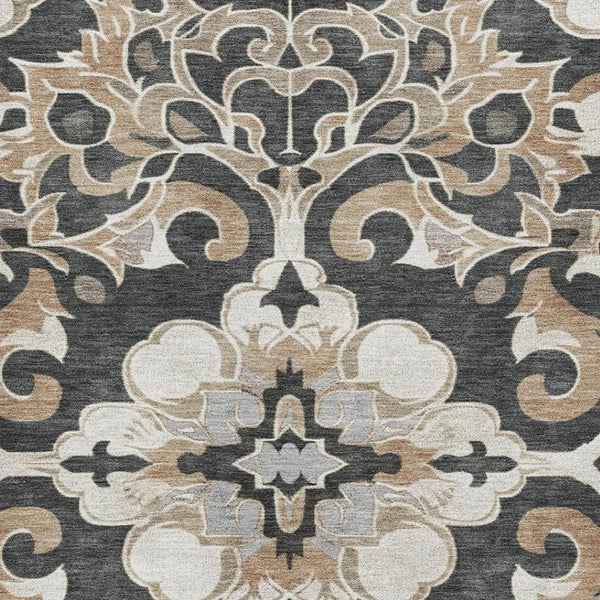 HomeRoots 8' Floral Medallion Washable Round Rug in Charcoal, Taupe & Ivory - Durable, UV-Protected & Stylish 709063