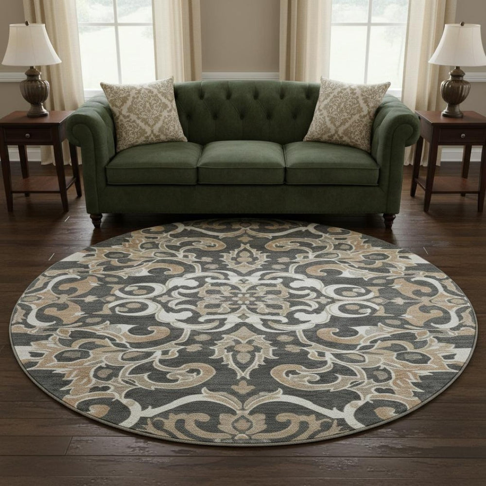 HomeRoots 8' X 10' Floral Medallion Area Rug - Charcoal Taupe & Ivory, Washable, UV Protected, Durable Design 709064