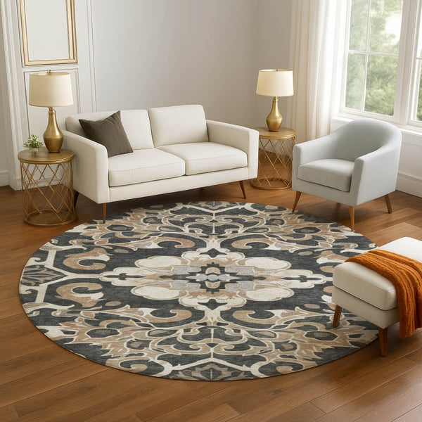 HomeRoots 8' X 10' Floral Medallion Area Rug - Charcoal Taupe & Ivory, Washable, UV Protected, Durable Design 709064