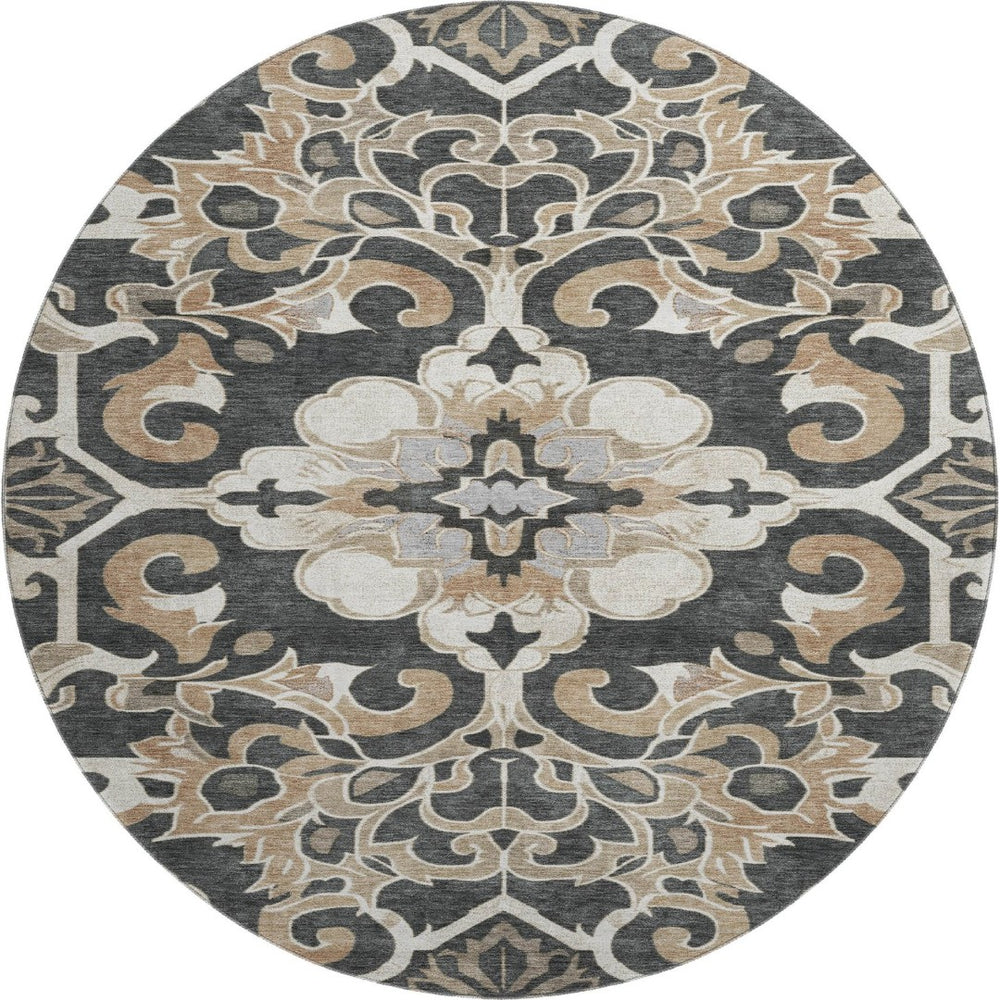 HomeRoots 8' X 10' Floral Medallion Area Rug - Charcoal Taupe & Ivory, Washable, UV Protected, Durable Design 709064