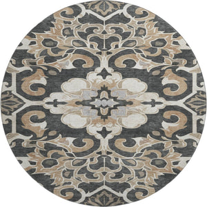 HomeRoots 8' X 10' Floral Medallion Area Rug - Charcoal Taupe & Ivory, Washable, UV Protected, Durable Design 709064