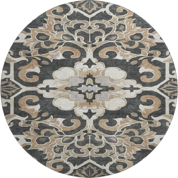 HomeRoots 8' X 10' Floral Medallion Area Rug - Charcoal Taupe & Ivory, Washable, UV Protected, Durable Design 709064