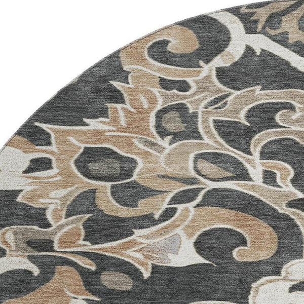 HomeRoots 8' X 10' Floral Medallion Area Rug - Charcoal Taupe & Ivory, Washable, UV Protected, Durable Design 709064