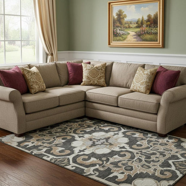HomeRoots 9' X 12' Elegant Charcoal Taupe & Ivory Floral Medallion Washable Area Rug with UV Protection 709065