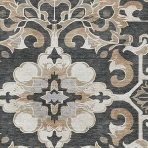 HomeRoots 9' X 12' Elegant Charcoal Taupe & Ivory Floral Medallion Washable Area Rug with UV Protection 709065