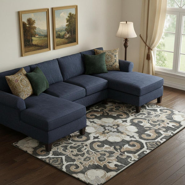 HomeRoots 10' Charcoal Taupe & Ivory Floral Medallion Area Rug - Washable, UV Protected & Stain Resistant Design 709066