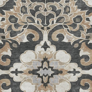 HomeRoots 10' Charcoal Taupe & Ivory Floral Medallion Area Rug - Washable, UV Protected & Stain Resistant Design 709066
