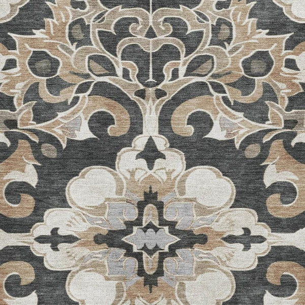 HomeRoots 10' Charcoal Taupe & Ivory Floral Medallion Area Rug - Washable, UV Protected & Stain Resistant Design 709066