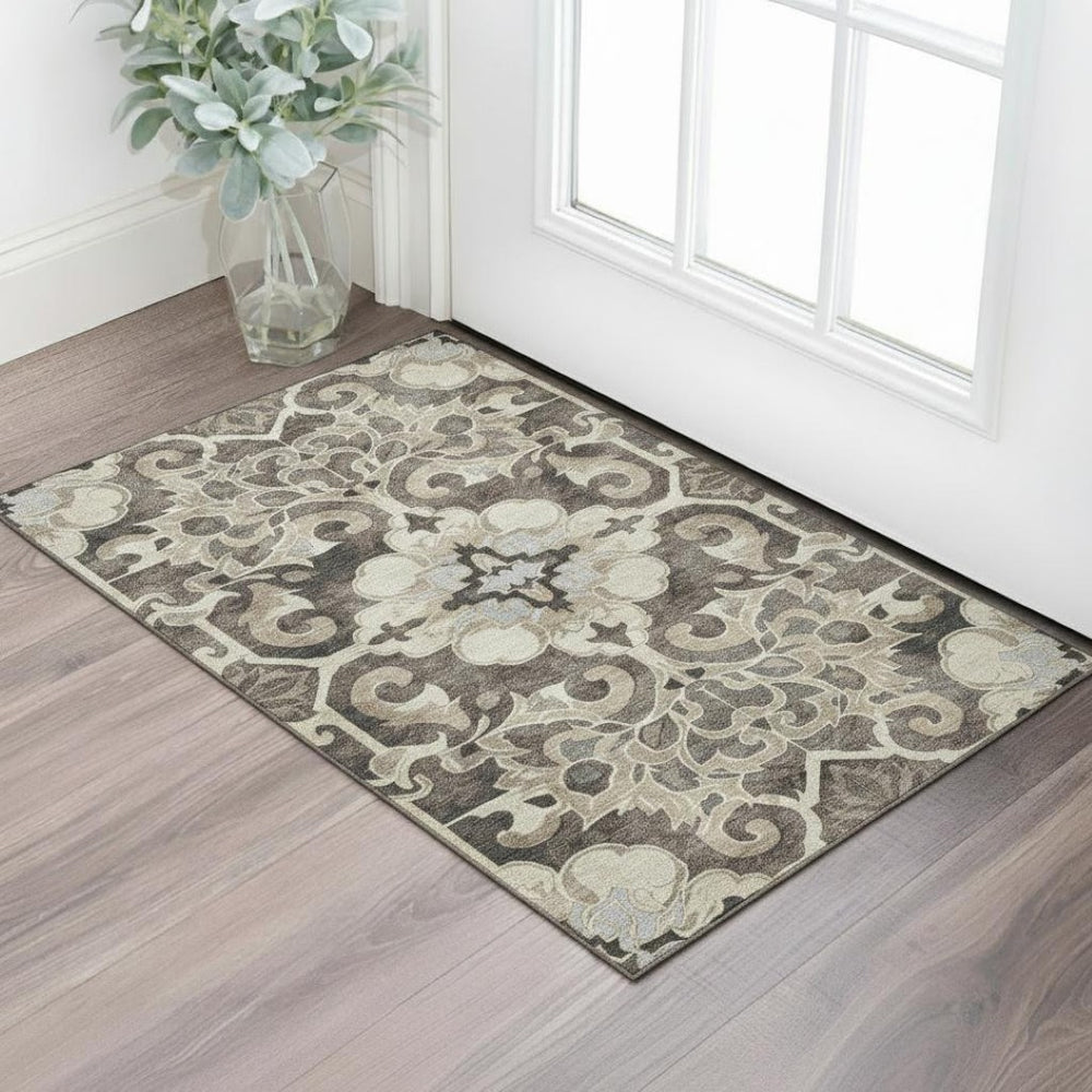 HomeRoots 5' X 8' Stylish Chocolate Ivory Gray Floral Medallion Area Rug – Washable, UV Protected & Durable! 709068