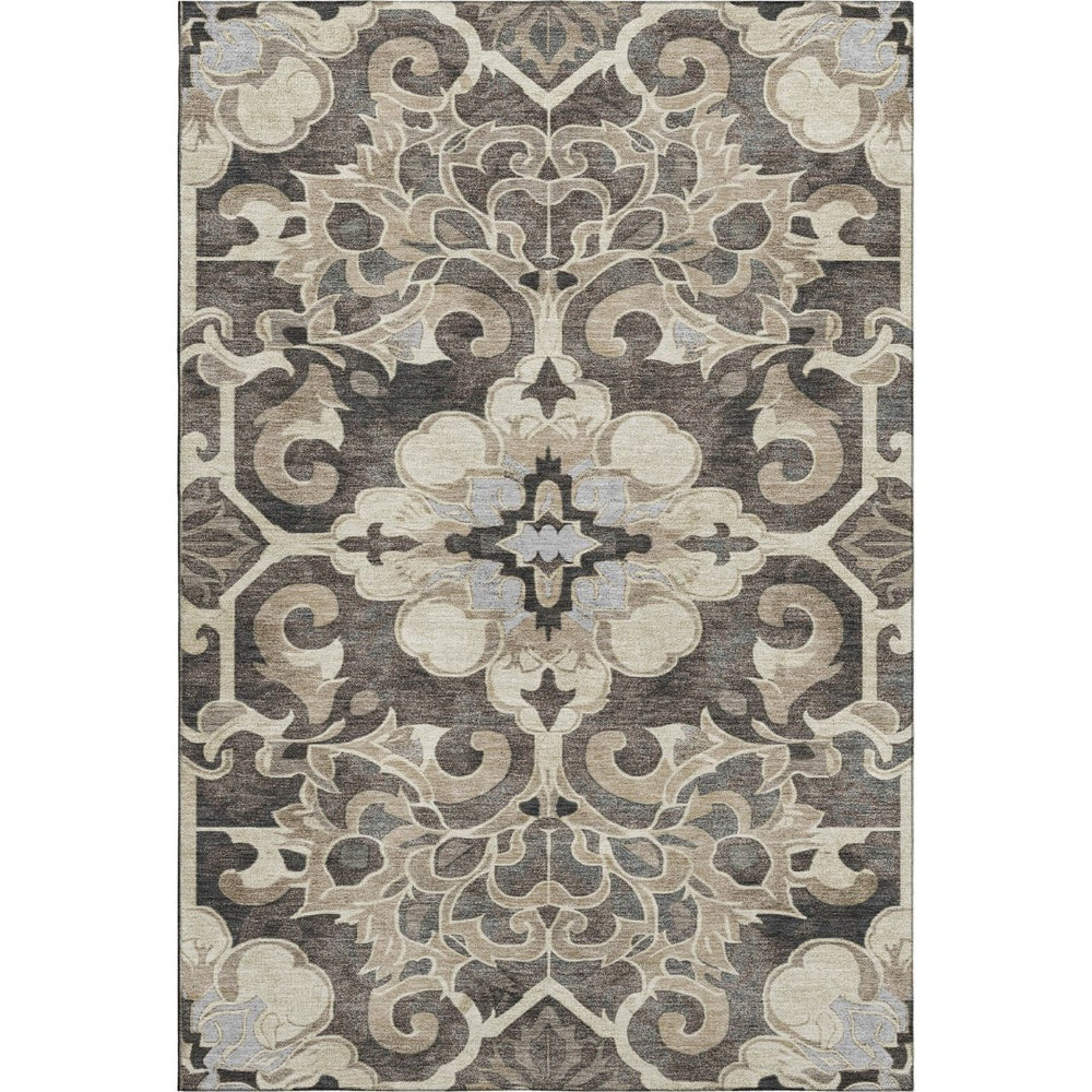 HomeRoots 5' X 8' Stylish Chocolate Ivory Gray Floral Medallion Area Rug – Washable, UV Protected & Durable! 709068