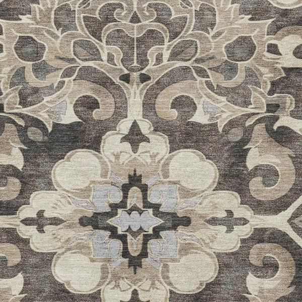 HomeRoots 5' X 8' Stylish Chocolate Ivory Gray Floral Medallion Area Rug – Washable, UV Protected & Durable! 709068