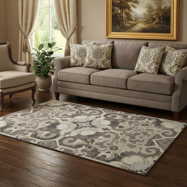 HomeRoots 8' Washable Round Rug with Floral Medallion Design in Chocolate, Ivory & Gray - UV & Stain Resistant! 709069