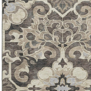 HomeRoots 8' Washable Round Rug with Floral Medallion Design in Chocolate, Ivory & Gray - UV & Stain Resistant! 709069