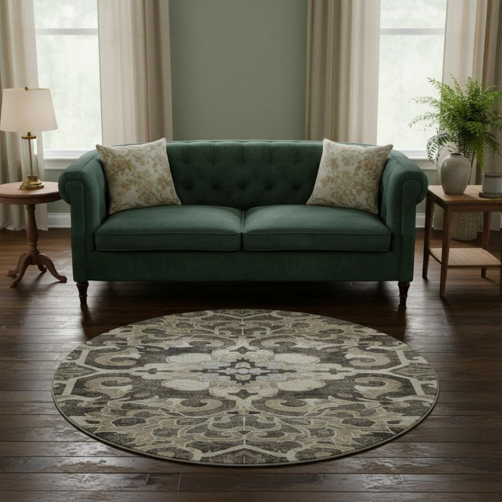 HomeRoots 8' X 10' Washable Floral Medallion Area Rug in Chocolate, Ivory & Gray with UV Protection & Non-Slip Backing 709070