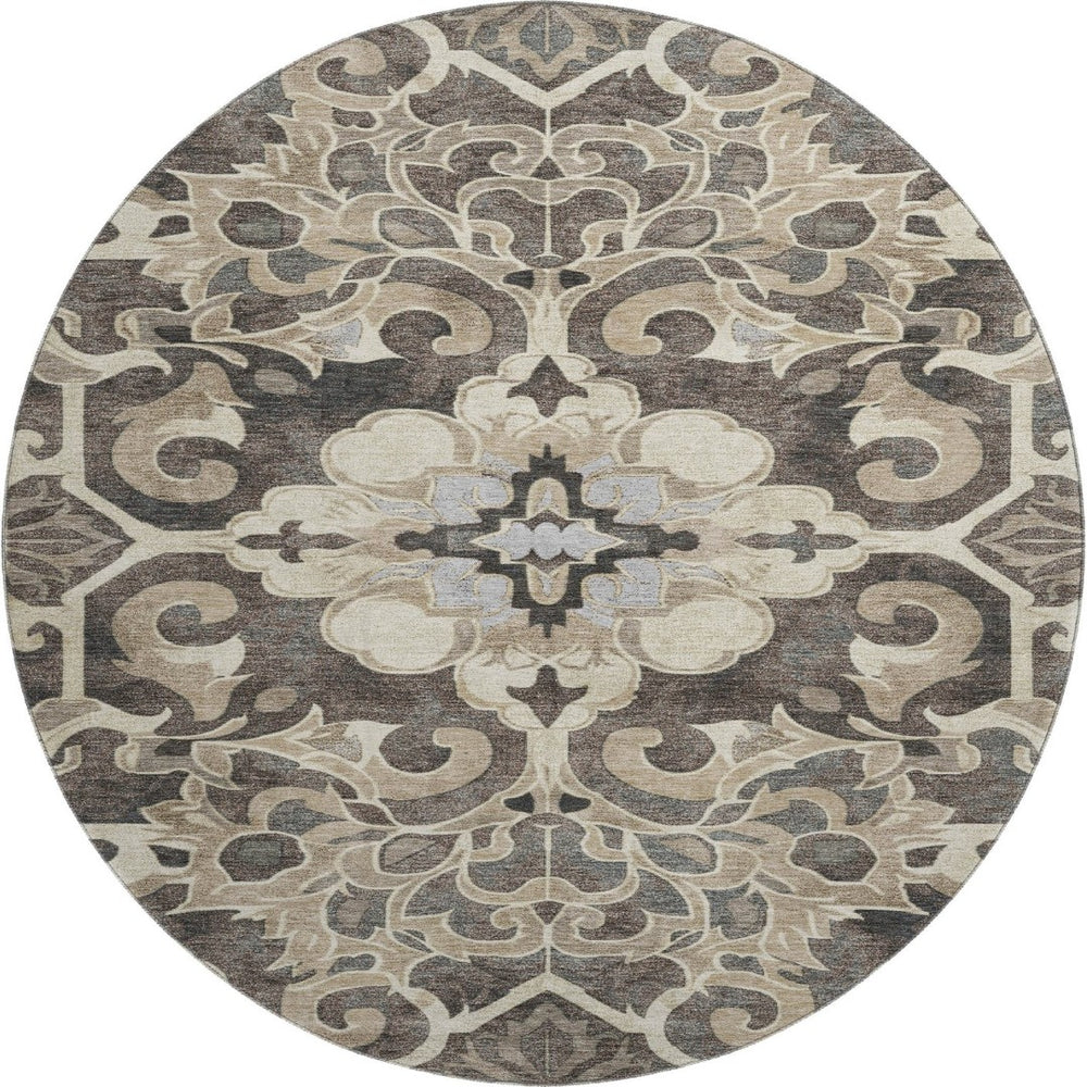 HomeRoots 8' X 10' Washable Floral Medallion Area Rug in Chocolate, Ivory & Gray with UV Protection & Non-Slip Backing 709070