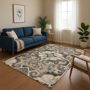 HomeRoots 9' X 12' Floral Medallion Area Rug in Chocolate, Ivory & Gray - Washable, Stain Resistant, UV Protected 709071