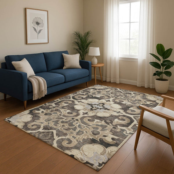HomeRoots 9' X 12' Floral Medallion Area Rug in Chocolate, Ivory & Gray - Washable, Stain Resistant, UV Protected 709071