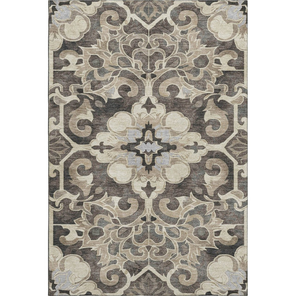 HomeRoots 9' X 12' Floral Medallion Area Rug in Chocolate, Ivory & Gray - Washable, Stain Resistant, UV Protected 709071