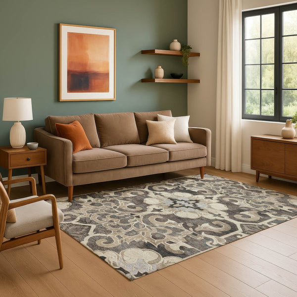 HomeRoots 9' X 12' Floral Medallion Area Rug in Chocolate, Ivory & Gray - Washable, Stain Resistant, UV Protected 709071