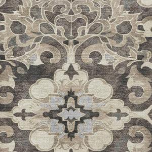 HomeRoots 9' X 12' Floral Medallion Area Rug in Chocolate, Ivory & Gray - Washable, Stain Resistant, UV Protected 709071