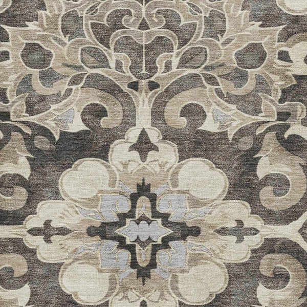 HomeRoots 9' X 12' Floral Medallion Area Rug in Chocolate, Ivory & Gray - Washable, Stain Resistant, UV Protected 709071
