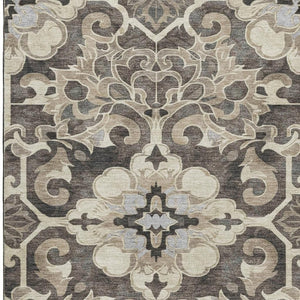 HomeRoots 9' X 12' Floral Medallion Area Rug in Chocolate, Ivory & Gray - Washable, Stain Resistant, UV Protected 709071