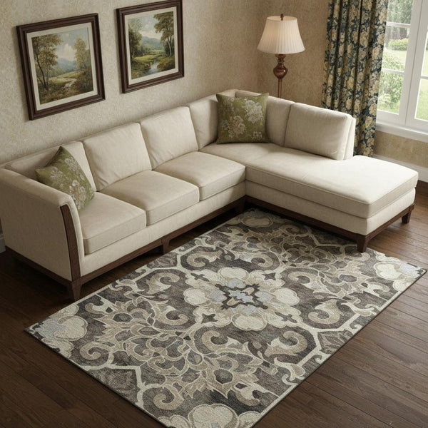 HomeRoots 10' X 14' Elegant Chocolate Ivory Gray Floral Medallion Rug - Washable, UV Protected, Durable Design 709072