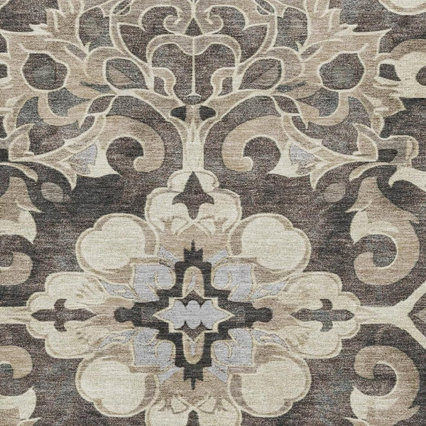 HomeRoots 10' X 14' Elegant Chocolate Ivory Gray Floral Medallion Rug - Washable, UV Protected, Durable Design 709072