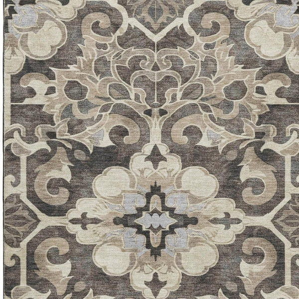 HomeRoots 10' X 14' Elegant Chocolate Ivory Gray Floral Medallion Rug - Washable, UV Protected, Durable Design 709072