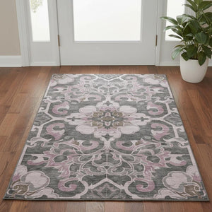 HomeRoots 5' Pink Ivory and Gray Floral Medallion Area Rug - Washable, UV Protected, Perfect for High-Traffic Areas 709074