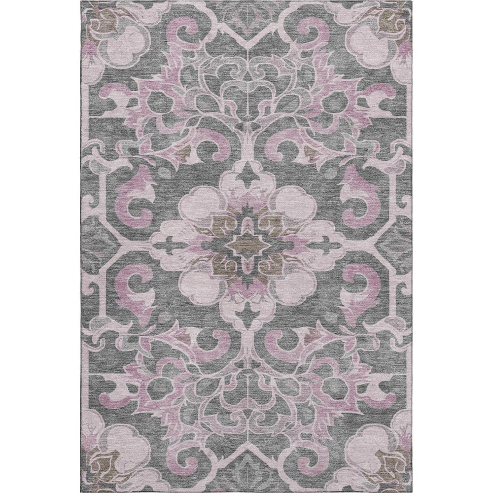 HomeRoots 5' Pink Ivory and Gray Floral Medallion Area Rug - Washable, UV Protected, Perfect for High-Traffic Areas 709074