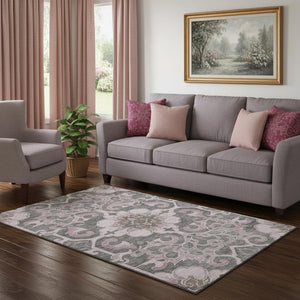 HomeRoots 8' Floral Medallion Washable Round Rug in Pink, Ivory & Gray - UV Protected, Stain Resistant, Durable 709075