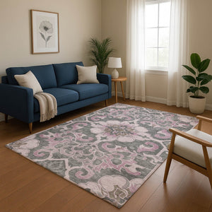 HomeRoots 8' Floral Medallion Washable Round Rug in Pink, Ivory & Gray - UV Protected, Stain Resistant, Durable 709075