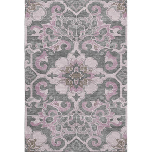 HomeRoots 8' Floral Medallion Washable Round Rug in Pink, Ivory & Gray - UV Protected, Stain Resistant, Durable 709075